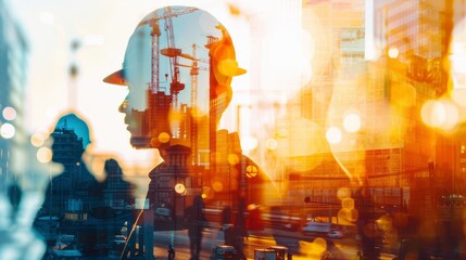 Silhouette of a construction worker with a hard hat against a cityscape background at sunset.  The image conveys themes of industry, progress, and urban development.
