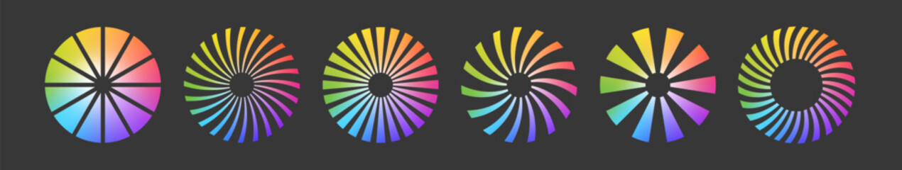 Set of rainbow color spirals. Abstract swirl shapes with bright multi color gradient. Twisting circles. Summer design elements. Isolated vector icons