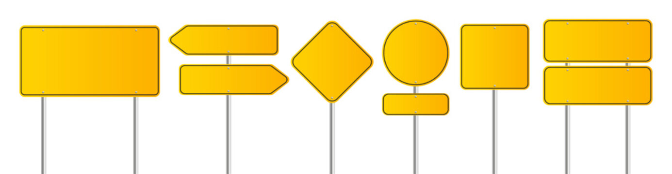 Naklejki Realistic yellow road sign. Isolated signal tables. Blank street traffic symbols, stopping boards. Signaling plates vector set. Signal road for control traffic collection illustration