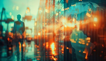 Silhouette of a man walking through a city street at night, blurred lights and reflections create a dreamlike atmosphere.