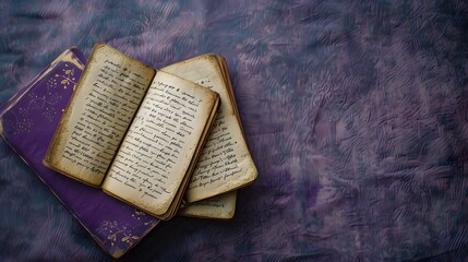 Book in library with old open textbook, stack piles of literature text archive on reading desk, and aisle of bookshelves in school study class room background for academic education learning