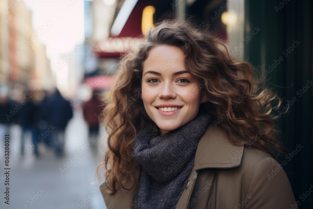 Wall mural portrait of a smiling young trendy woman in the city