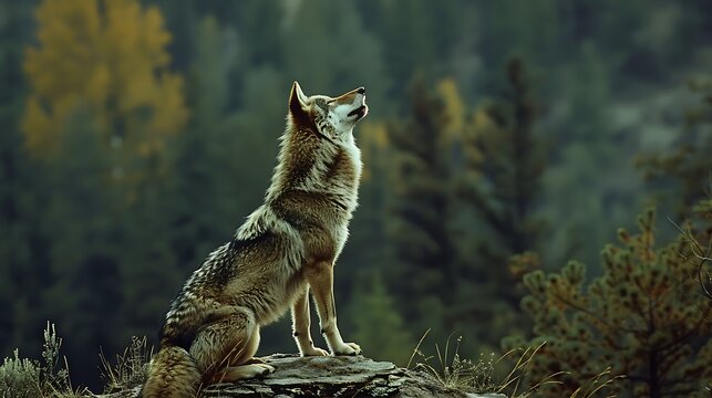 Photo of a wolf shot direction from the side pose howling time of day late afternoon