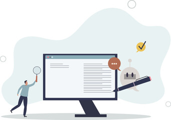 AI or artificial intelligence automatic story blog posts .Robotic writing news publish and article creation..flat illustration.