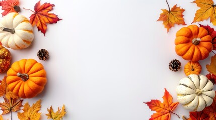 Flat layout of dried leaves, pumpkins, and flowers arranged on a white background, creating a festive and autumnal composition.