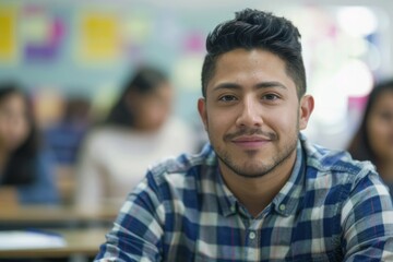 Portrait of a young male teacher in classroom