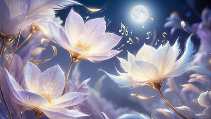  moon flowers dancing and singing in an ethereal nighttime