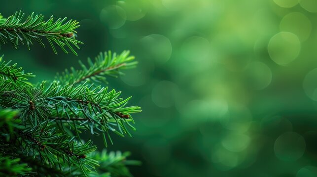 Close up of short conifer tree needles on a green background