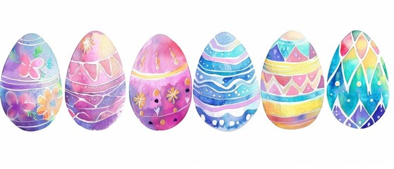 Six pastel Easter eggs with colorful designs.