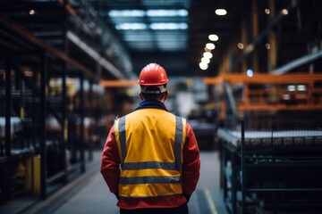Rear view of a quality assurance technician working in factory
