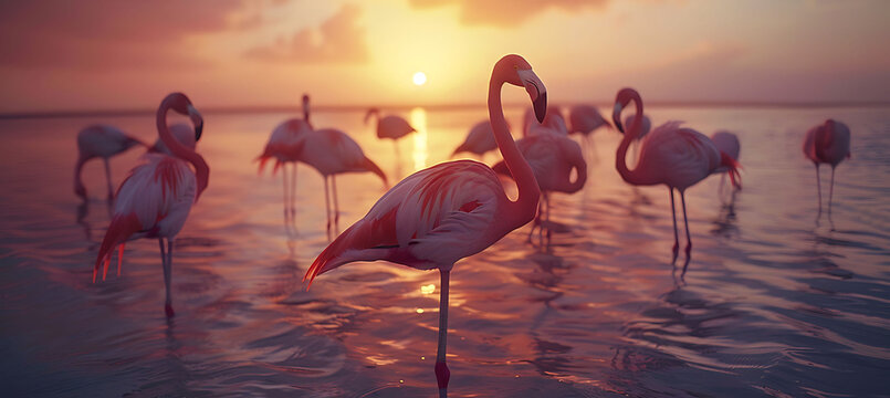 Photo of flamingos shot direction from front pose standing on one leg time of day golden hour