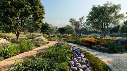 A beautiful urban park with sustainable water management features and native flora.