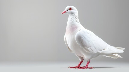 Obraz premium A white dove stands isolated on a transparent background. The elegant bird with a red beak and feet appears to be in a calm and serene pose.