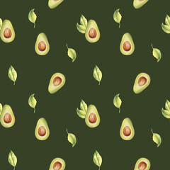 Watercolor Seamless Pattern of ripe avocado halves and leaves on a dark green background. Can be used for kitchen textile prints, product packaging design.