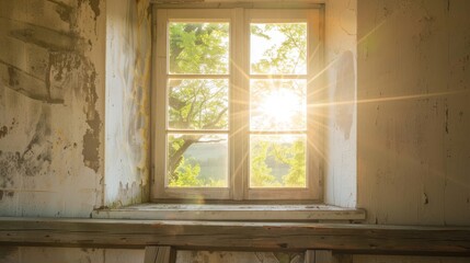 Sunlight streams through a vintage window in a rustic room. The soft glow illuminates the weathered walls.