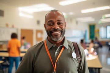 Fototapeta premium Portrait of a smiling middle aged African American male school janitor
