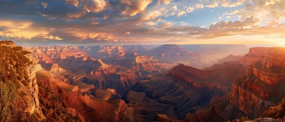 Sunrise over the Grand Canyon with colorful clouds.