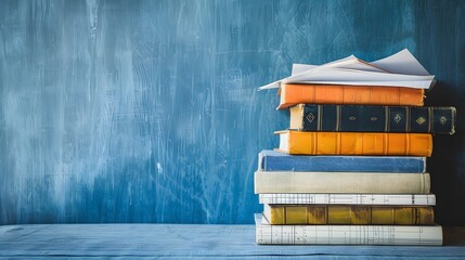 Book in library with old open textbook, stack piles of literature text archive on reading desk, and aisle of bookshelves in school study class room background for academic education learning