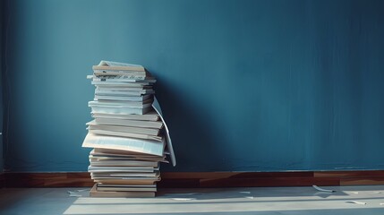 Book in library with old open textbook, stack piles of literature text archive on reading desk, and aisle of bookshelves in school study class room background for academic education learning