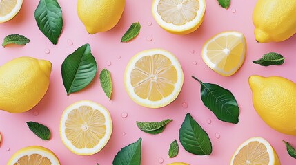 A vibrant pattern featuring fresh yellow lemons and green leaves on a light pink background, creating a summery and refreshing visual appeal.
