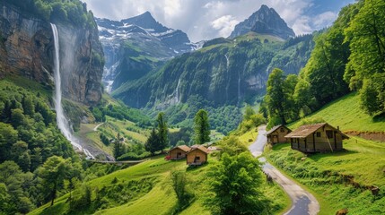 A breathtaking mountainous landscape with lush greenery, a cascading waterfall, and a winding road leading to cozy huts and scenic camping spots.