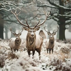 Obraz premium Three majestic deer stand in a snowy forest, their antlers reaching towards the sky. The scene is calm and serene, with a sense of tranquility.