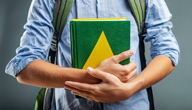 Um estudante de mochilas segurando um livro com a capa nas cores verde e amarelo. Cores em refer&ecirc;ncia ao Brasil. Isolado no fundo cinza. Educa&ccedil;&atilde;o, Ensino, Brasileiro.
