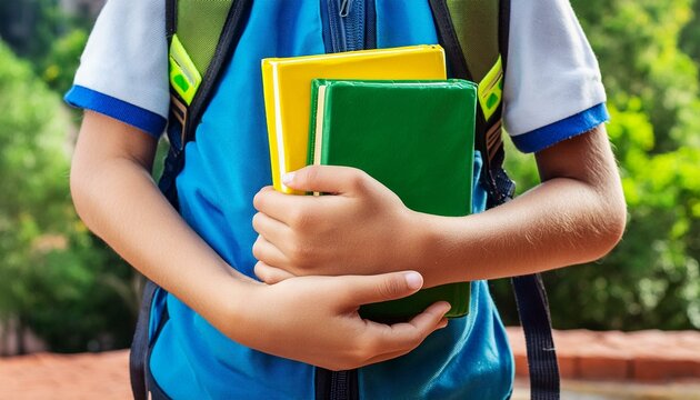 Um jovem estudante de mochila segurando dois livros. Livros nas cores verde e amarelo. Refer&ecirc;ncia as cores da bandeira do Brasil. Ensino m&eacute;dio, Educa&ccedil;&atilde;o, Brasileiro.
