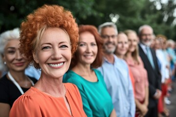 A group of smiling business people stand together in a meeting or gathering outdoors. They appear happy and engaged, with greenery in the background.