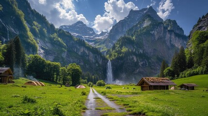 A breathtaking mountainous landscape featuring verdant meadows, a serene waterfall, and a scenic road connecting rustic huts and campsites.