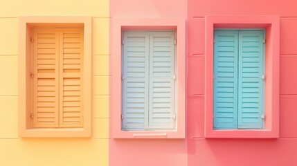 Fototapeta premium Three windows with colorful shutters on a vibrant wall.