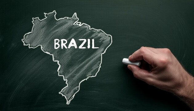 Um professor usando um giz para desenhar o mapa do brasil e o nome do pa&iacute;s em uma lousa. Conceito para educa&ccedil;&atilde;o no Brasil. Ensino m&eacute;dio, Ensino fundamental e gradua&ccedil;&atilde;o.