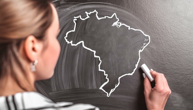 Uma professora desenhado com giz em uma lousa verde o mapa do Brasil. Educa&ccedil;&atilde;o, ensino, ensino m&eacute;dio, ensino p&uacute;blico.