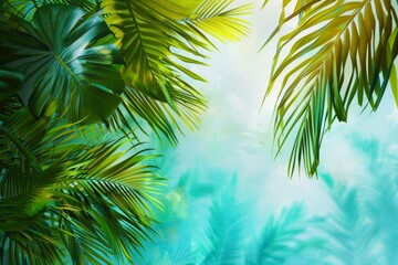 Fototapeta premium Tropical palm leaves frame a soft blue and green background. Perfect for summer, vacation, and nature themes.
