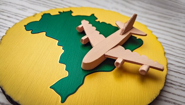 Um avi&atilde;o de brinquedo de madeira sobre um mapa do Brasil em 3D. Avia&ccedil;&atilde;o no Brasil. Ind&uacute;stria aeron&aacute;utica.