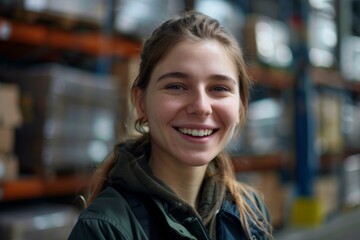Portrait of a smiling young adult woman working in warehouse