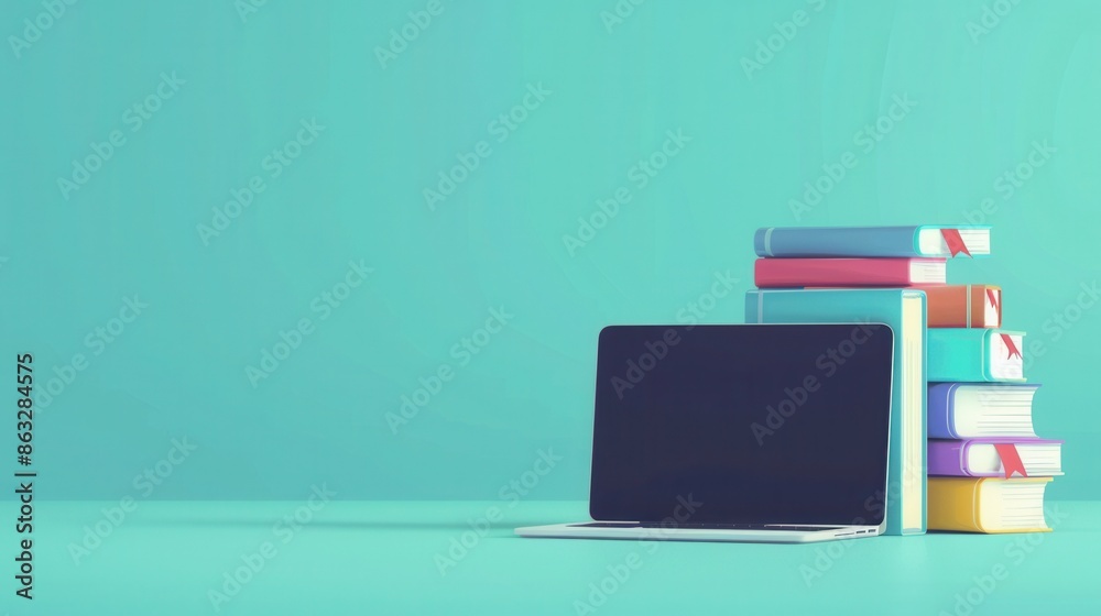 Leinwandbilder a laptop computer and stack of colorful textbooks sit on a blue desk, representing modern methods of