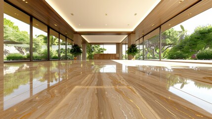 A modern kitchen with a wooden floor and marble countertops, featuring large windows that provide ample natural light and offer a view of lush greenery.