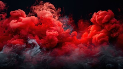 A striking digital image showcasing red and blue smoke swirls against a black background, creating...