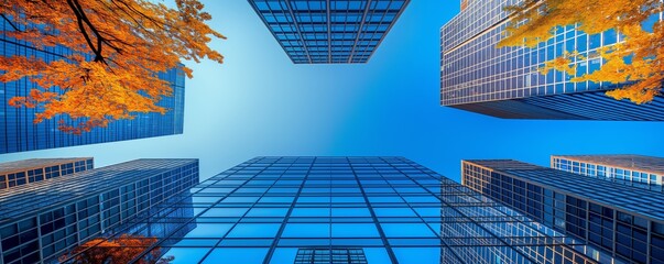 An upward view of towering glass buildings against a vibrant blue sky, adorned with autumn leaves. The combination of nature and modernity epitomizes the urban autumn setting.