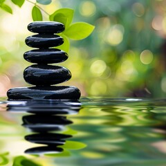 There is a Zen stone pyramid on the surface of the water, surrounded by green leaves