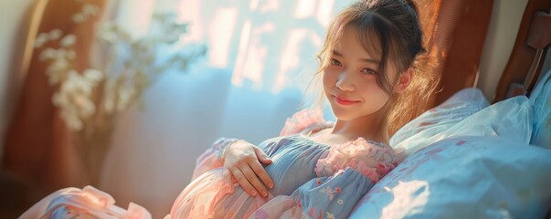 A serene pregnant woman in a floral dress sits on a bed, gently cradling her baby bump as morning light filters through the window, creating a peaceful ambiance.
