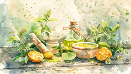 Fototapeta premium Watercolor painting of citrus fruit, leaves, and a bottle of oil on a wooden surface.