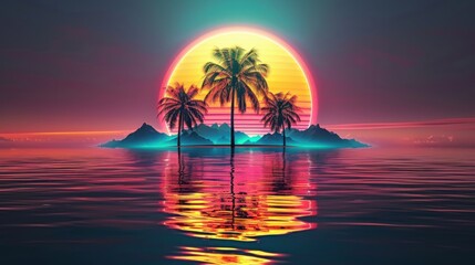 A vibrant 80s retro-futuristic sci-fi scene featuring silhouetted palm trees against a neon sunset reflecting on a serene body of water.
