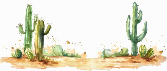 Watercolor painting of desert landscape with cacti.