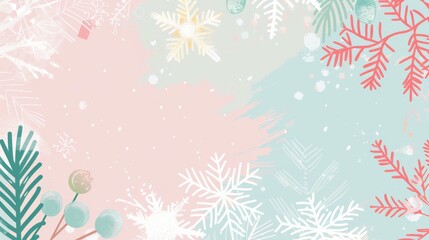 Winter wonderland background with snowflakes, pine branches and pastel colors. Perfect for holiday cards and invitations.