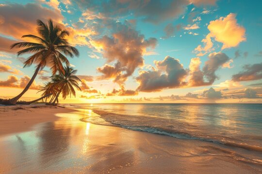 Palm trees on sandy island in the ocean in Punta Cana, Dominican Republic.