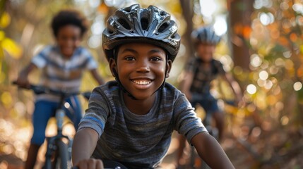 Child Wearing Helmet Biking on Path with Family in the Distance
