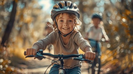 Young Boy with Safety Helmet Riding Bike on Path with Family in Background