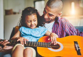 Guitar, love or teaching with father and daughter in home living room together for bonding. Instrument, music or smile with single parent man and girl child in apartment for development or learning
